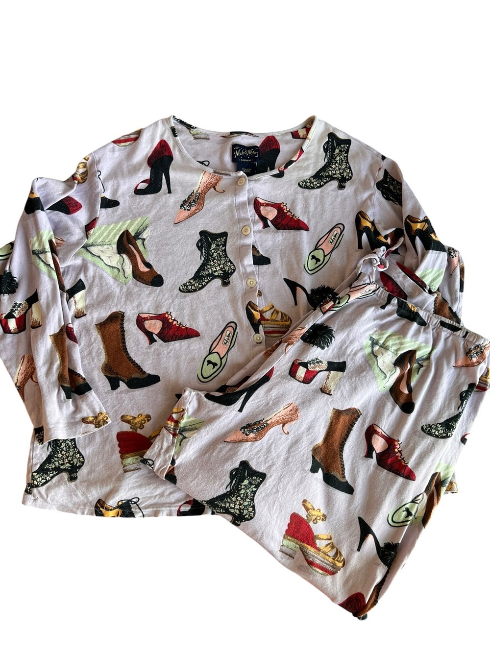 Nick & Nora Vintage Shoe Print Pajama Set 3X Lavender Button Top Pants Y2K Retro